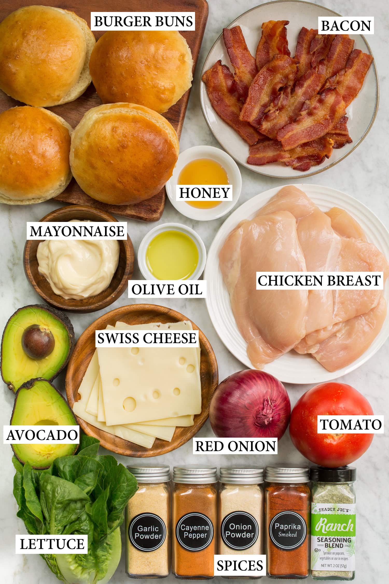 Grilled Chicken Sandwiches Ingredients used to make grilled chicken sandwiches at home.