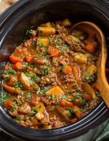 Ground beef stew with potatoes and carrots in a slow cooker.
