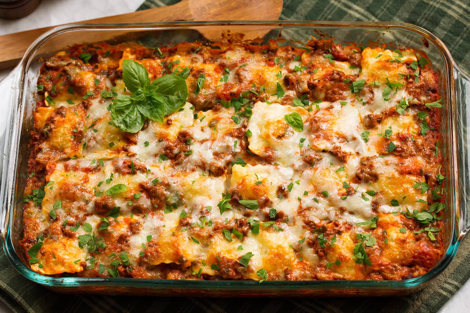 completed ravioli lasagna shown after baking