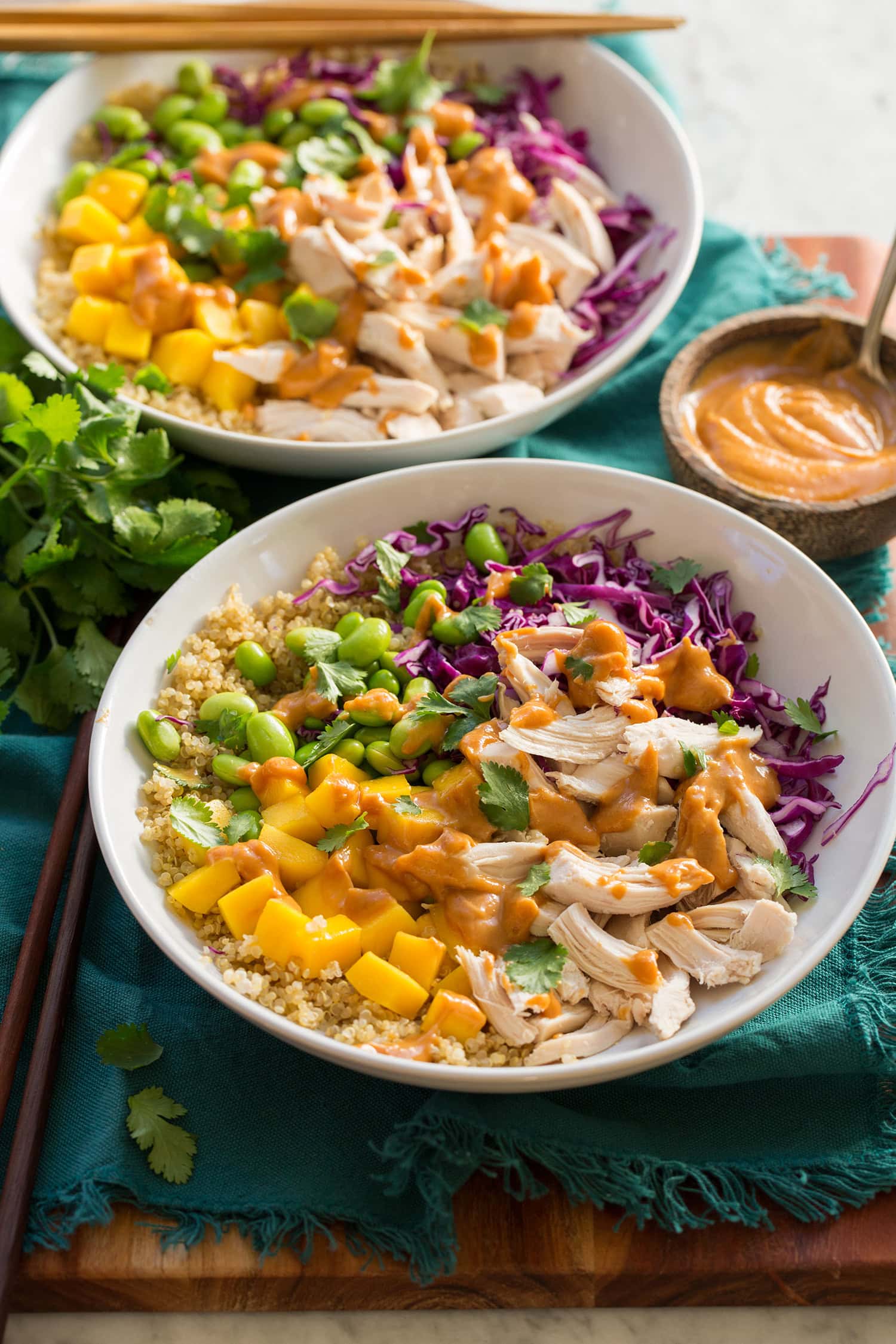 Chicken Protein Bowls Two servings of chicken protein bowls with peanut sauce.
