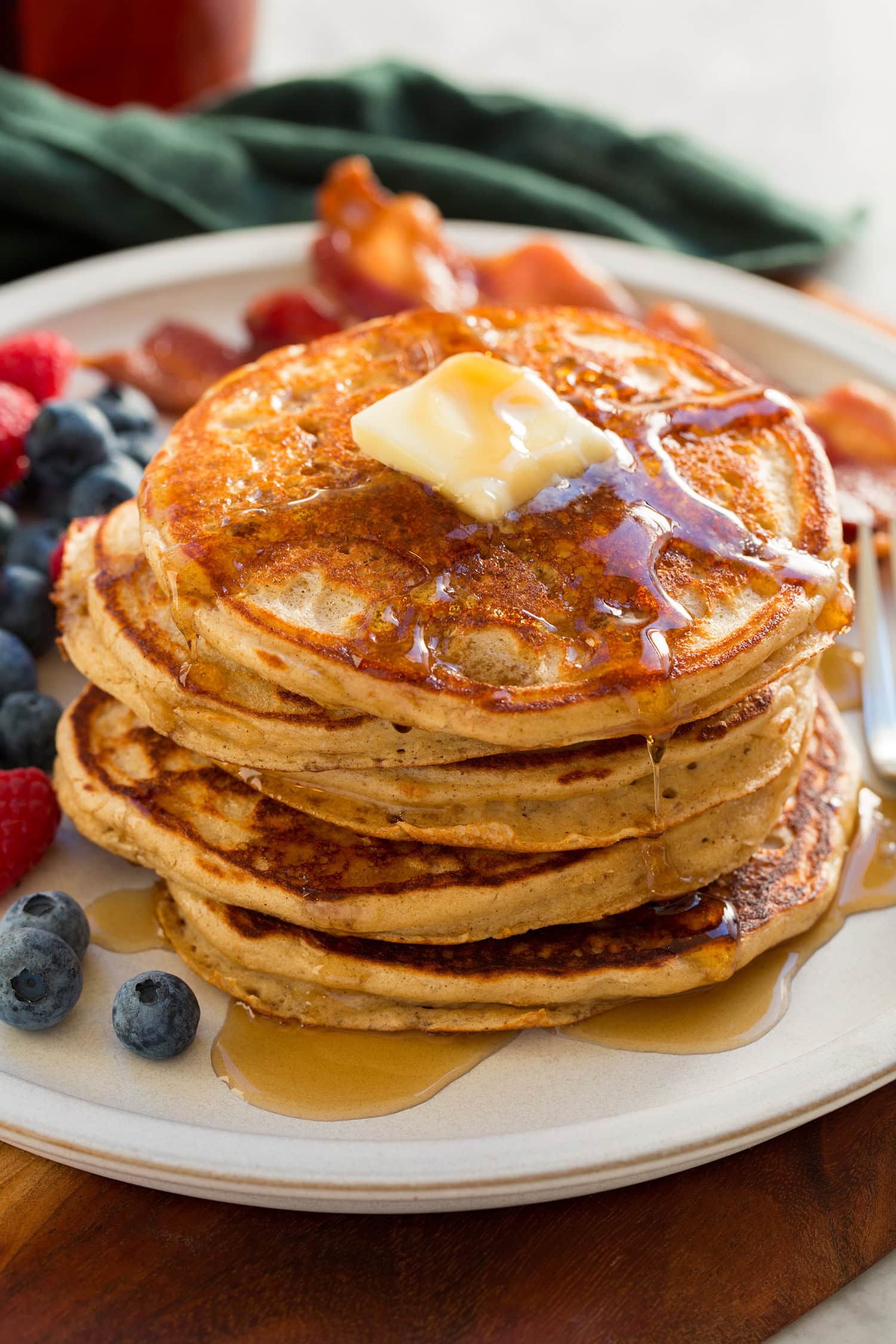 Close up photo of stack of homemade protein pancakes.