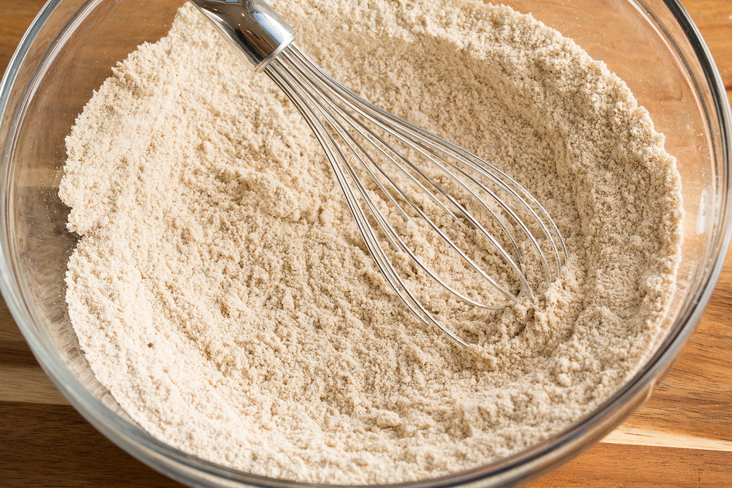Dry ingredients for pancakes shown after mixing.
