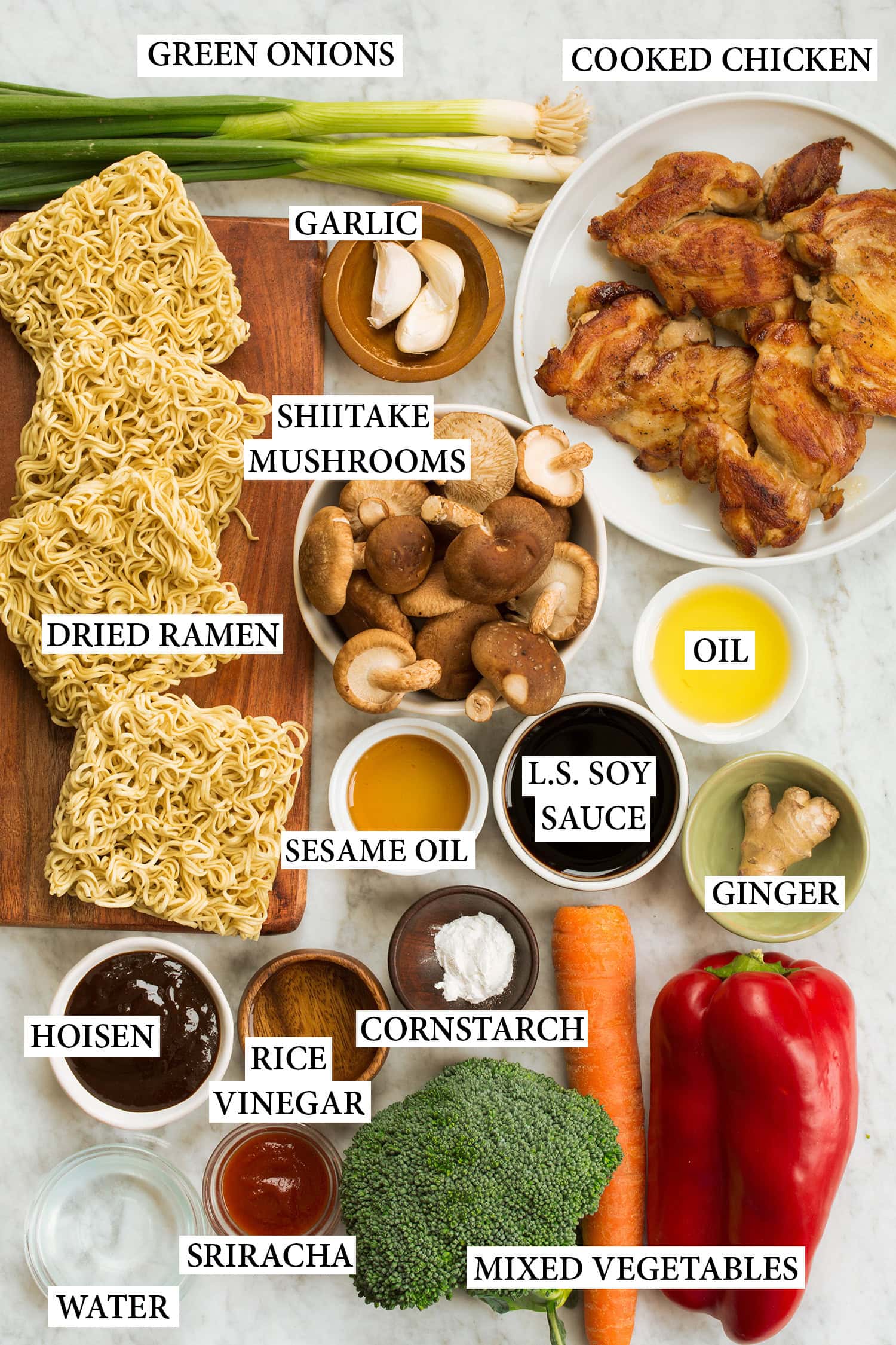 Ingredients used to make ramen noodle stir fry.