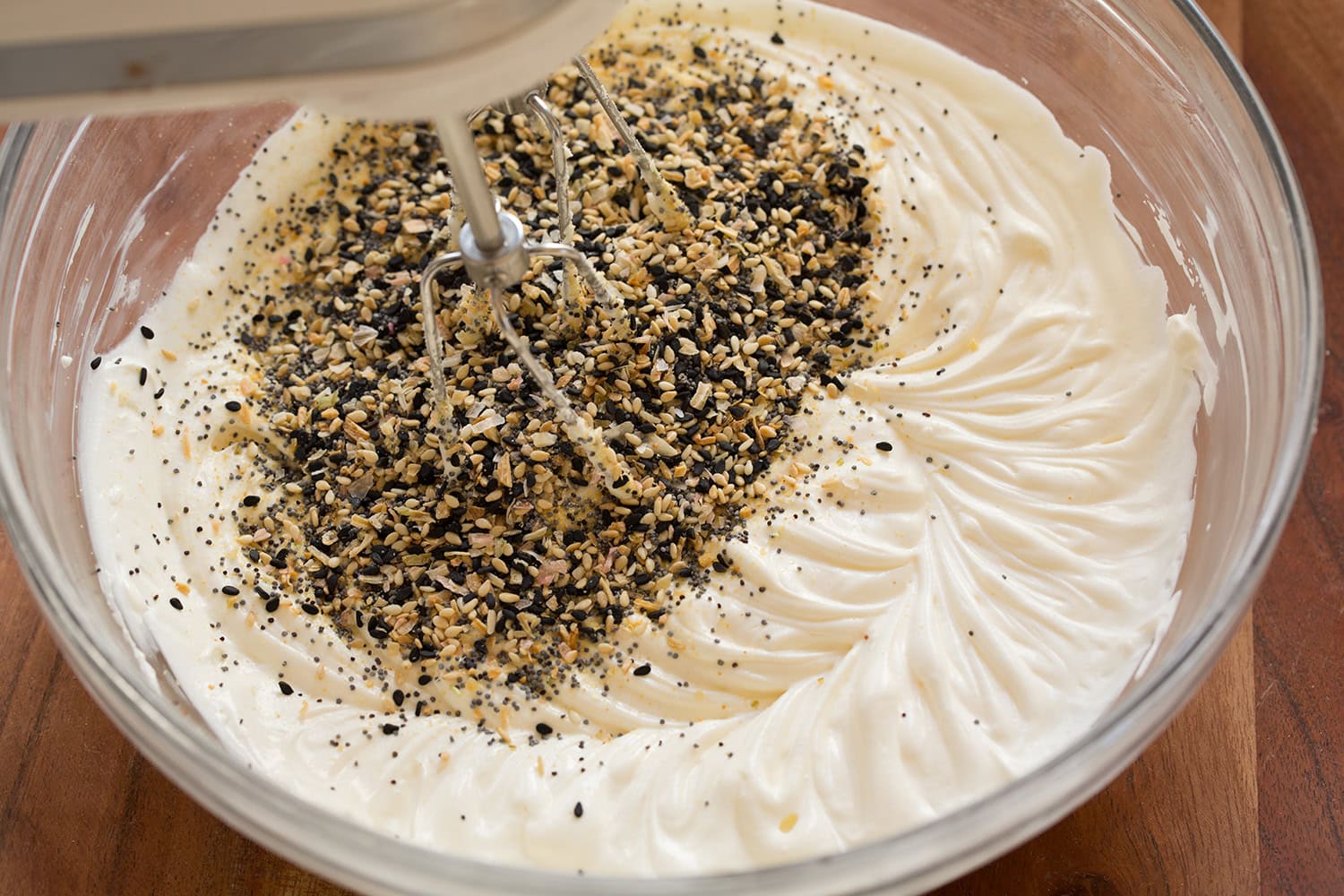 Everything bagel seasoning added to dip mixture.