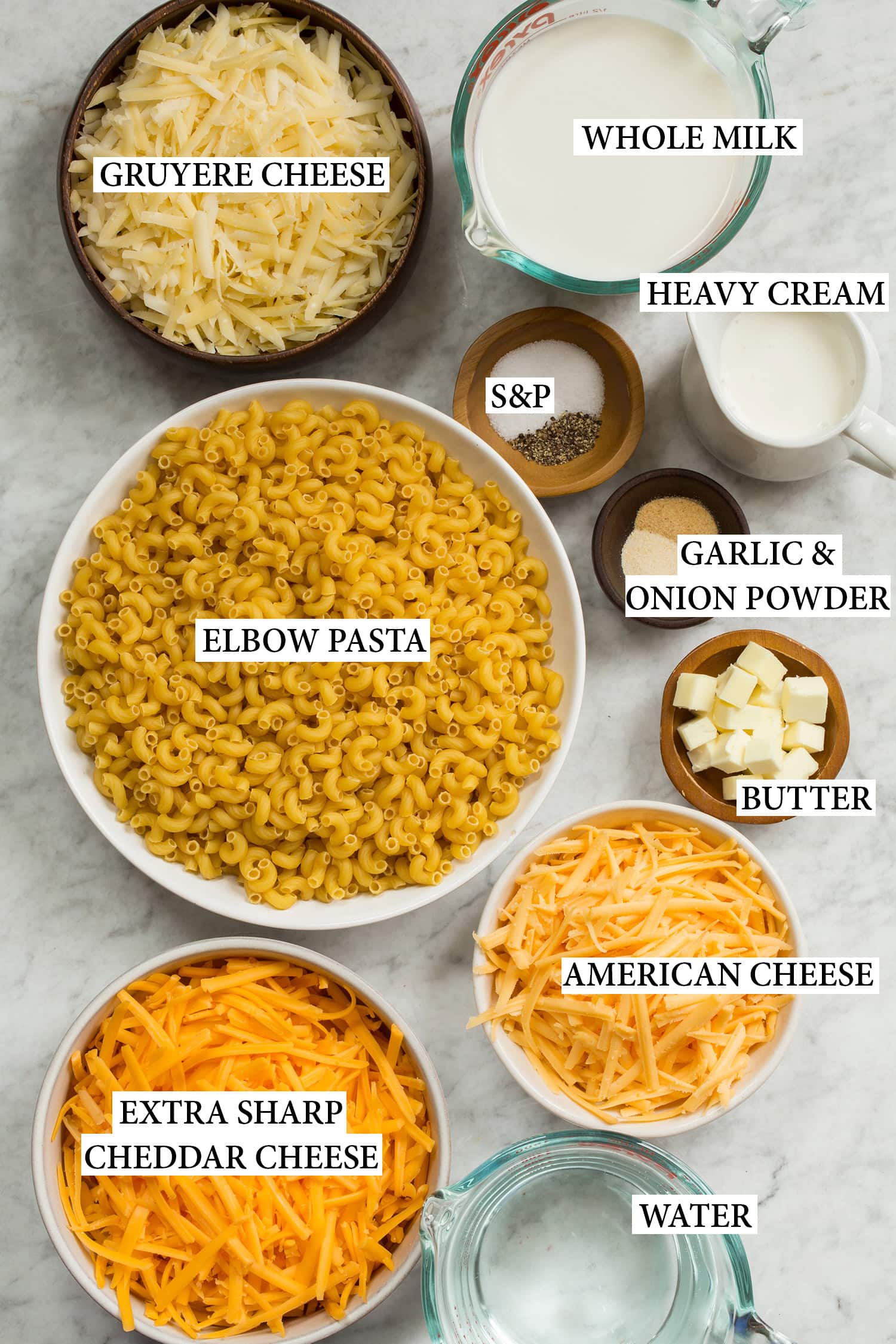 Ingredients used for mac and cheese.