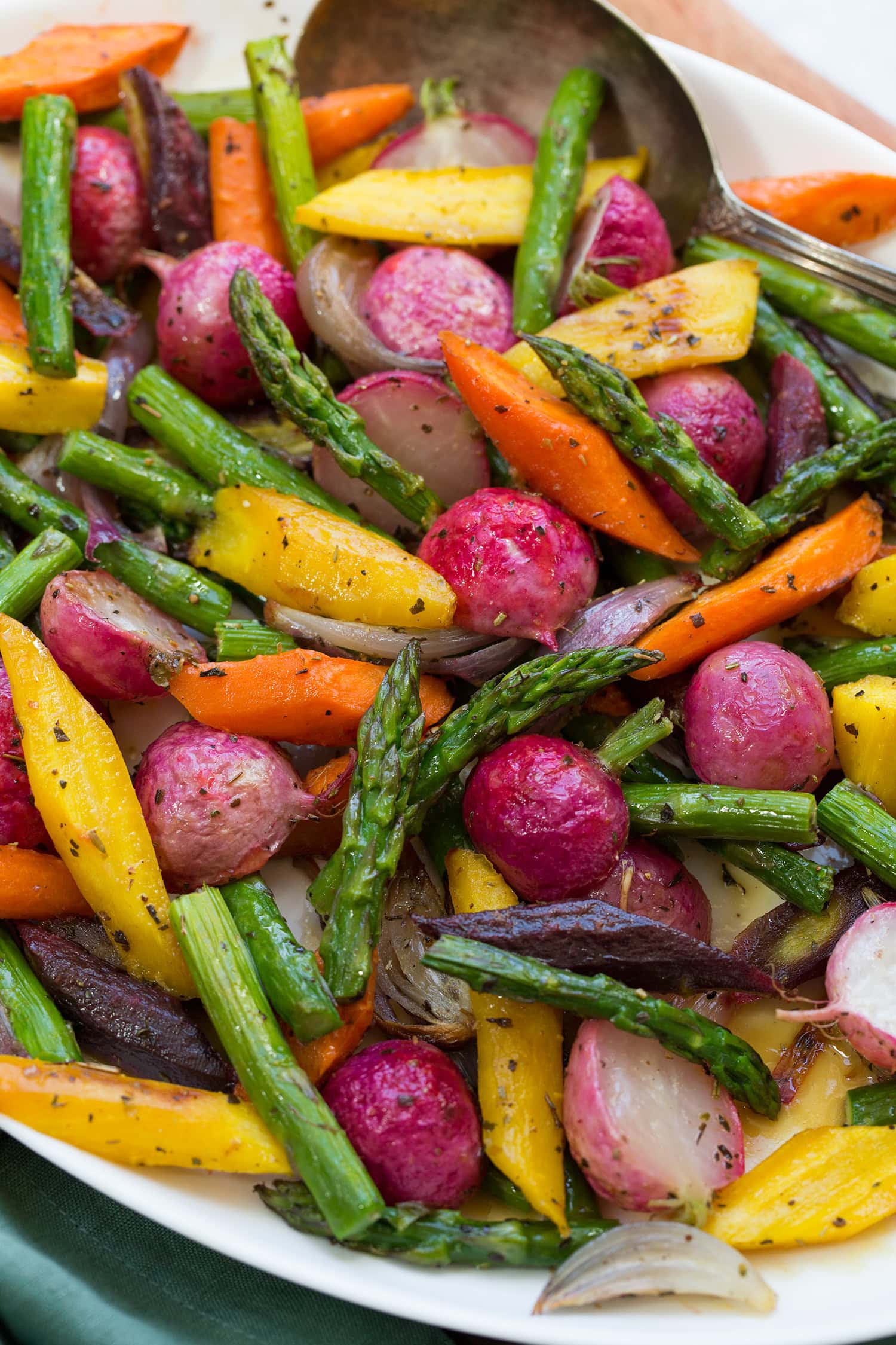 Close up photo of roasted spring vegetables.
