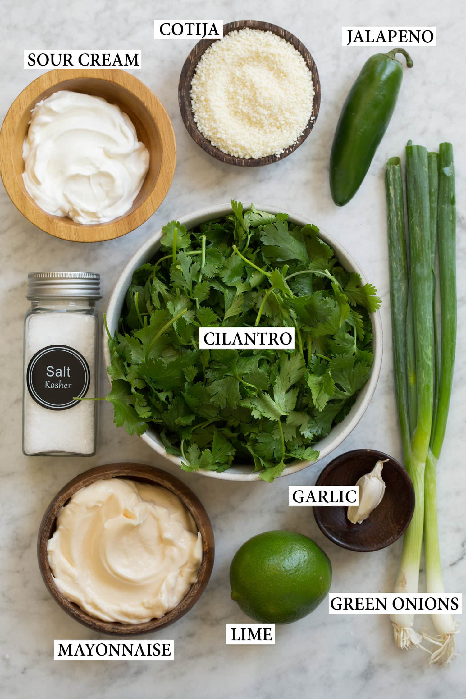 Ingredients needed to make aji verde sauce shown.