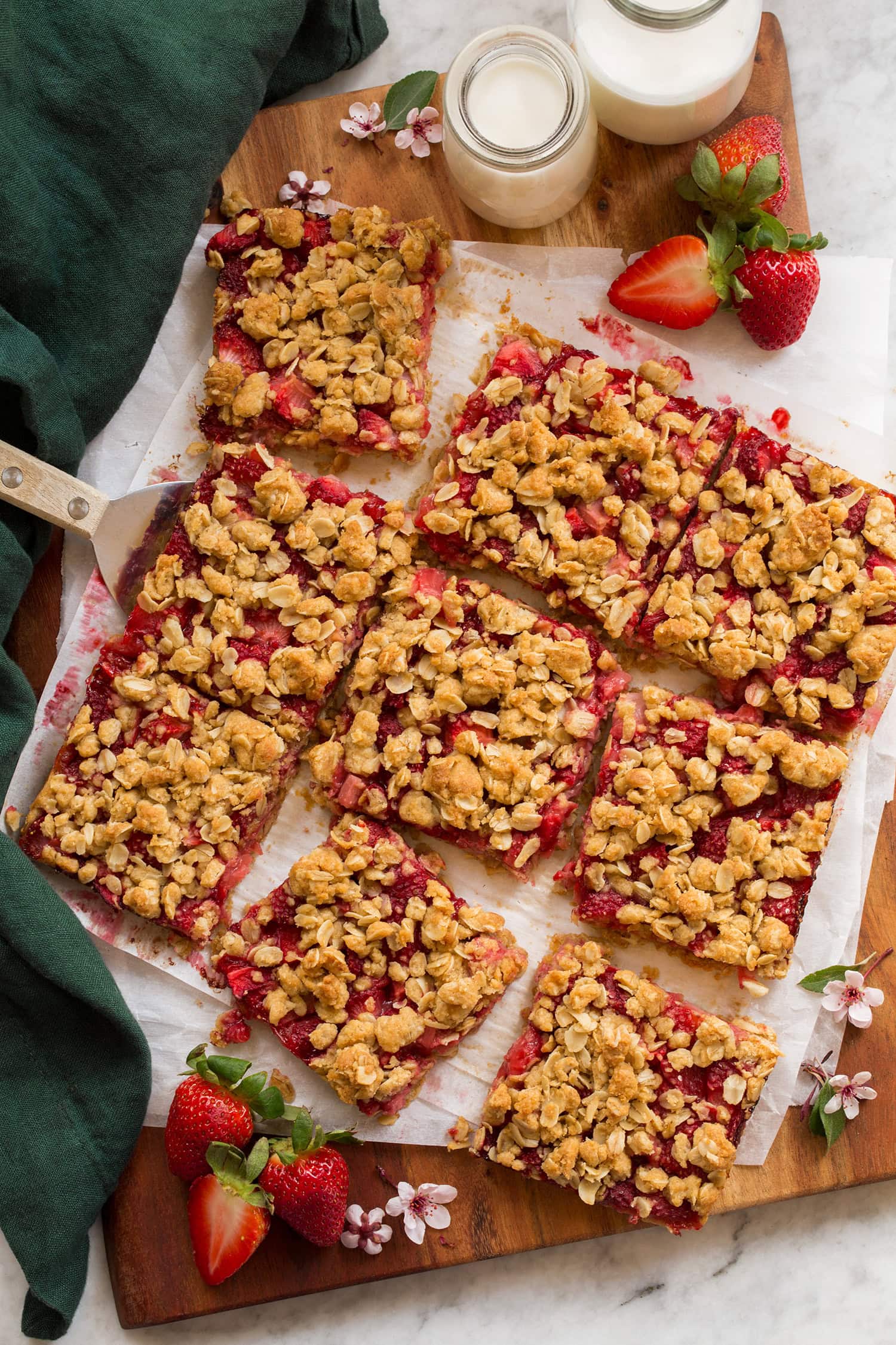 Overhead photo of strawberry filled oatmeal bars.
