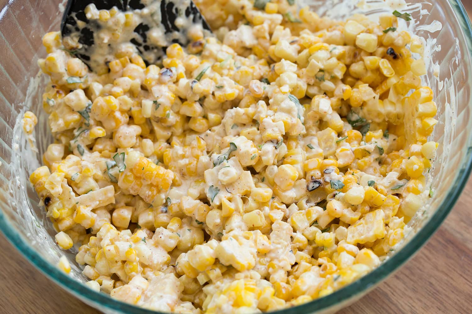 Street Corn Chicken Rice Bowl Corn added to dressing mixture.