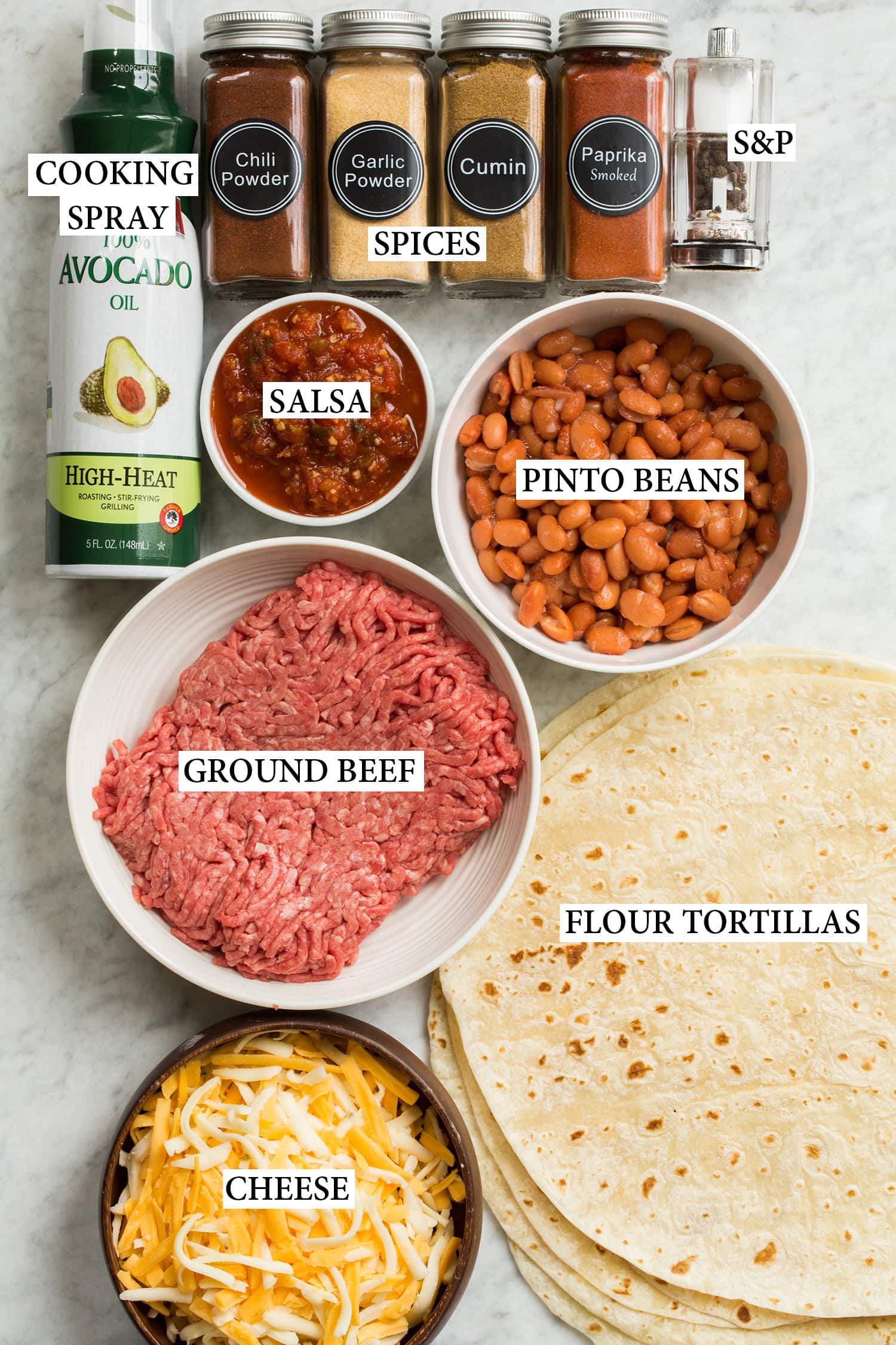Ingredients used to make easy ground beef burritos.